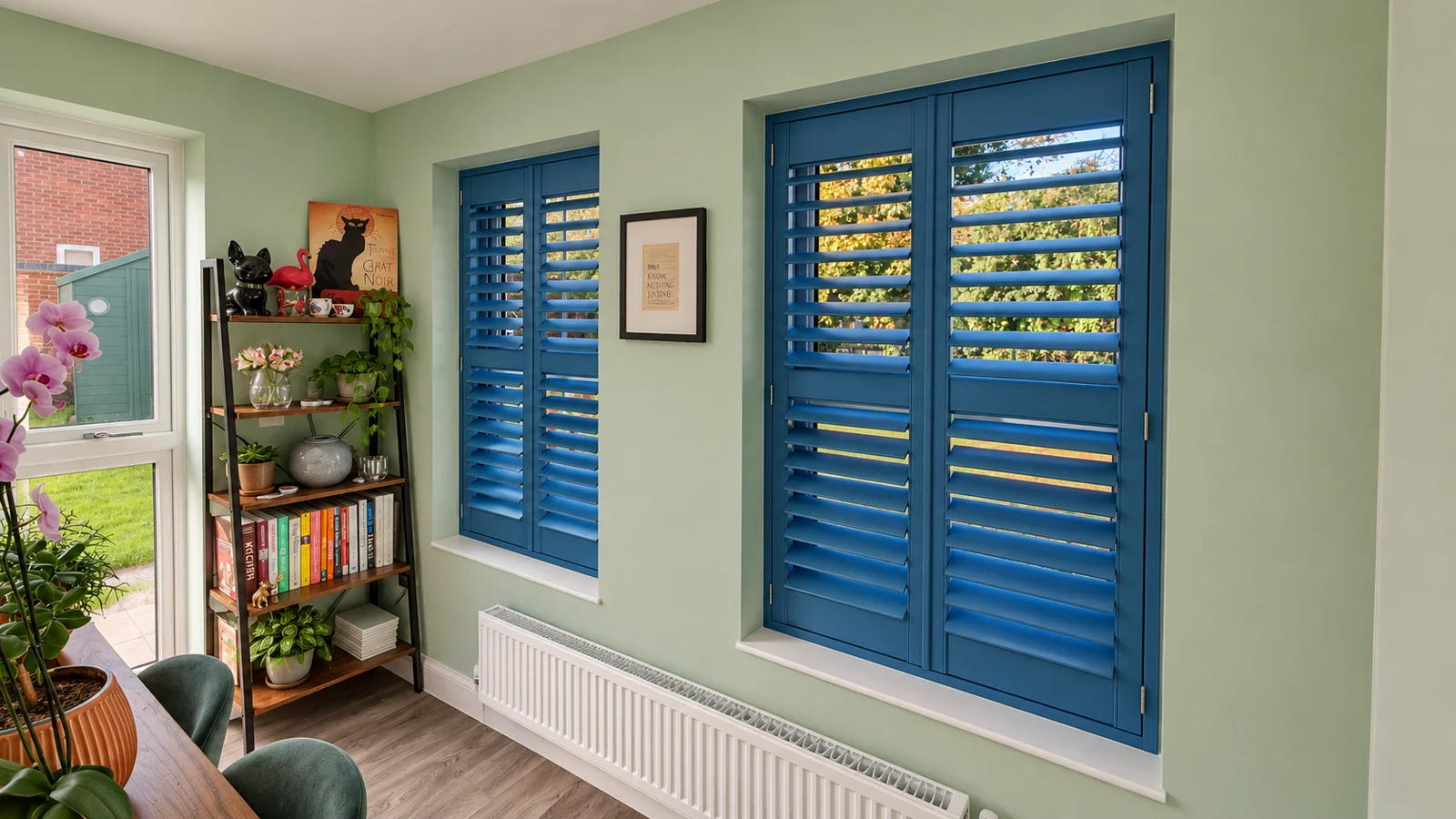 Custom blue shutters in a mint-green room