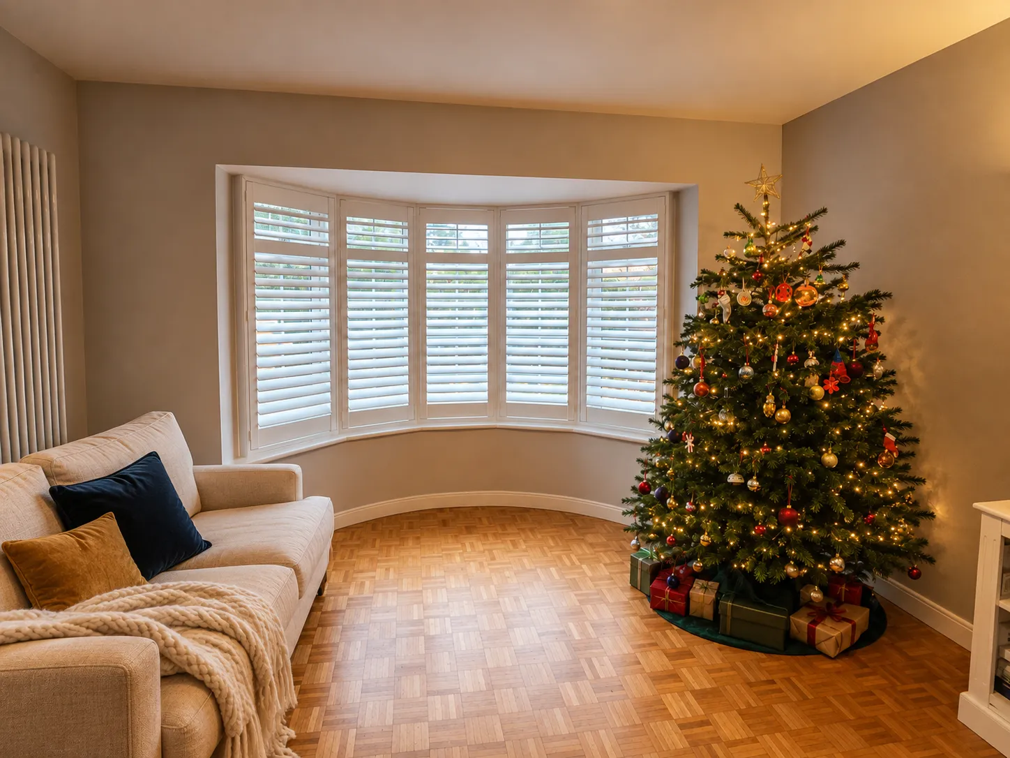 White bay-window shutters beside a Christmas tree